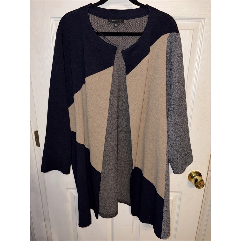 Ann Taylor XXL Color Block Sweater Coat Navy Camel Open Duster Cardigan Knit